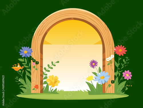 A simple and elegant vector illustration of a round wooden archway with blooming yellow and orange flowers on a clear
