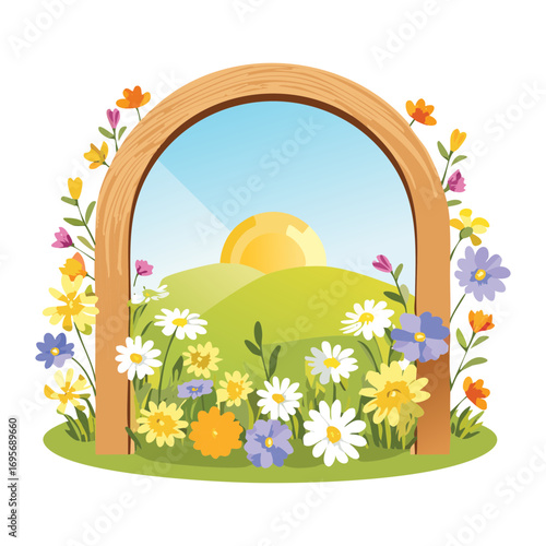A beautiful and idyllic landscape illustration of a wooden archway and fence on a green hill with a bright sun and colorful flowers