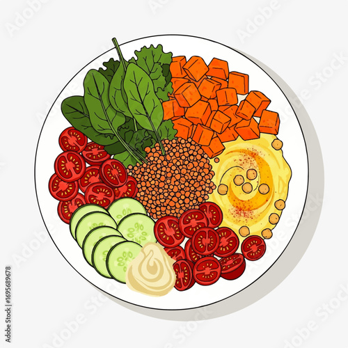 A colorful and healthy vegetarian bowl featuring various fresh vegetables and hummus