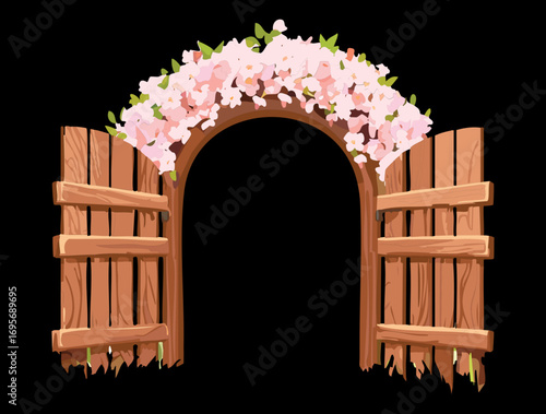 A captivating illustration of a beautiful wooden gate with blossoming pink cherry trees, inviting a sense of hope and new beginnings