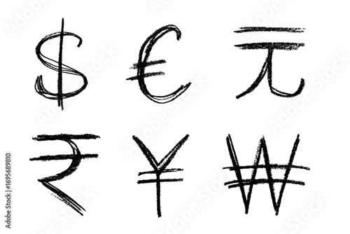 Hand drawn multiple currencies symbol set Dollar euro yuan yen won rupee