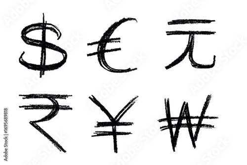 Hand drawn multiple currencies symbol set Dollar euro yuan yen won rupee