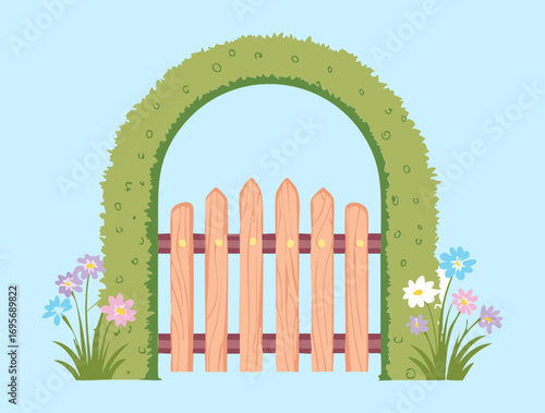 A simple and clean vector illustration of a decorative green archway with a wooden fence