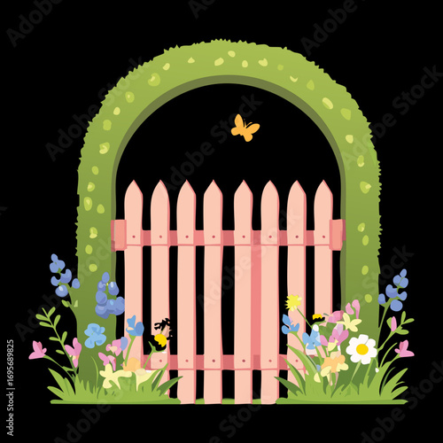 A whimsical cartoon illustration of a lovely green arch and fence with butterflies fluttering around colorful pink and yellow flowers