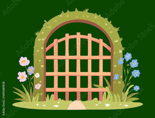 An enchanting illustration of a charming green garden archway with a classic wooden lattice pattern and small pink blossoms