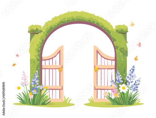 A bright and hopeful illustration of two large, open green archways invitingly revealing a path with colorful spring flowers and foliage