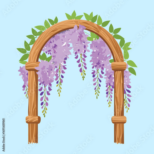 A captivating digital illustration of a detailed wooden gate and trellis surrounded by a lush blanket of purple wisteria and green leaves