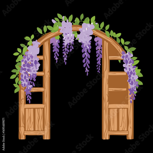 A stunning illustration of a complex, ornate wooden gate with a trellis, adorned with purple wisteria flowers and intricate leaf patterns