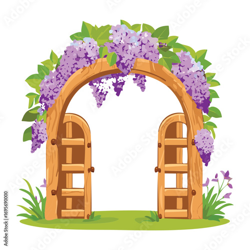  Elegant wooden arch surrounded by delicate wisteria blossoms and verdant green leaves in a whimsical garden