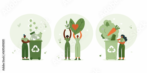 People practicing eco friendly habits like recycling glass and composting organic waste for a sustainable future