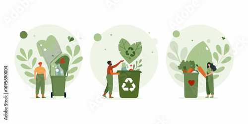 People recycling and composting organic waste and plastic bottles to protect the environment and promote sustainability
