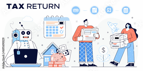 Modern illustration of tax return process with robot calendar piggy bank and people