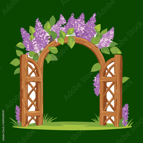 Rustic wooden trellis archway with lush purple flowers, a stunning and decorative garden feature