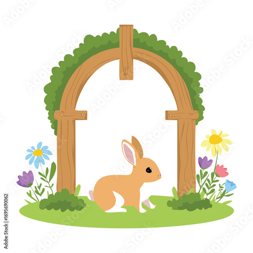 Rustic archway with a cute bunny in a wildflower garden, a charming and peaceful scene