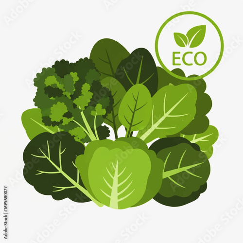 A vibrant illustration of various leafy green vegetables, highlighted by an eco label
