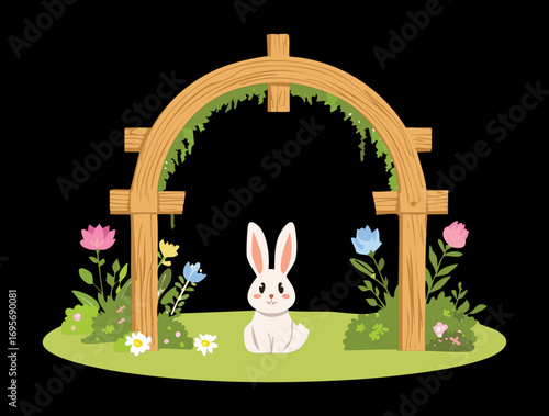 Rustic wooden archway with green vines and a sweet bunny in a meadow of wildflowers