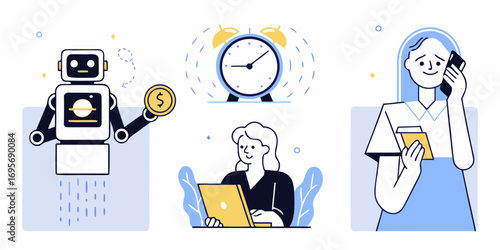 Robot with coin and people working and talking on phone with alarm clock symbolizing time and money