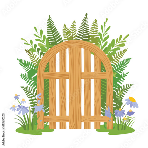 Ornate wooden gate with lush green ferns and leaves, a classic entrance to a secret garden