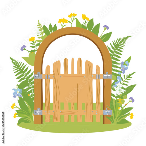 Rustic wooden gate surrounded by green ferns and colorful wildflowers in a sunny field