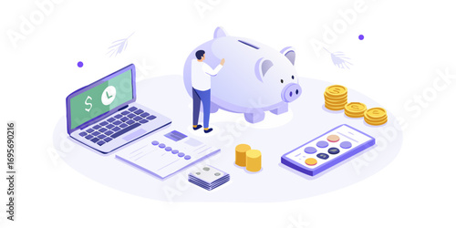 Man saving money in piggy bank with laptop calculator and coins for financial planning and investment concept