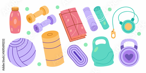 Collection of colorful flat design fitness equipment and accessories for exercise and sports
