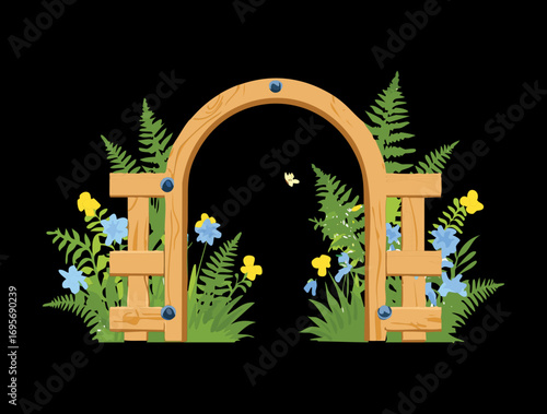 Rustic arch with delicate ferns and wildflowers, a simple and secluded entrance to a hidden path