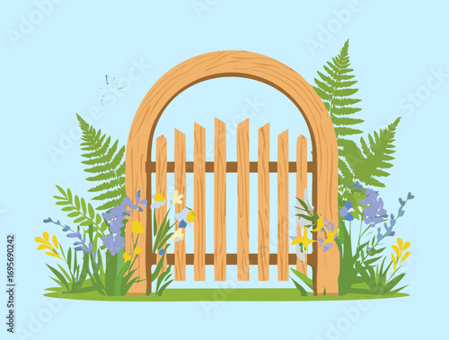 Whimsical wooden gate and fence, standing alone in a meadow with tall grasses and a butterfly