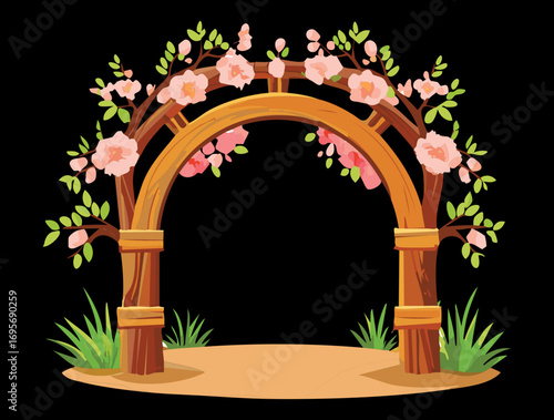 Rustic arch of blooming cherry branches, framing a night sky with a peaceful, magical feel