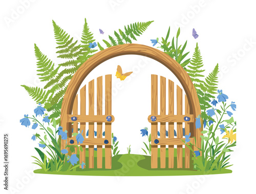 Wooden arch with a whimsical gate, surrounded by ferns and butterflies in a peaceful garden