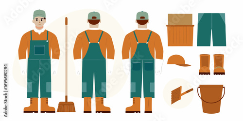 Gardener or janitor character and uniform elements for manual labor and outdoor work