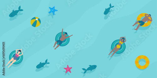 Diverse group of people relaxing and enjoying a sunny day floating in a clear blue swimming pool with inflatable toys
