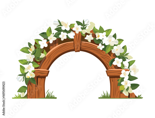 A Charming Wooden Archway Decorated with White Jasmine Flowers and Greenery
