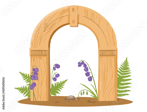 Decorative Wooden Archway with Purple Flowers and Greenery on a Path
