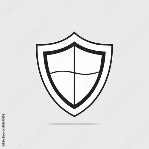 Minimalist black line art shield icon representing security, safety, and protection. Simple vector graphic emblem for web design and branding
