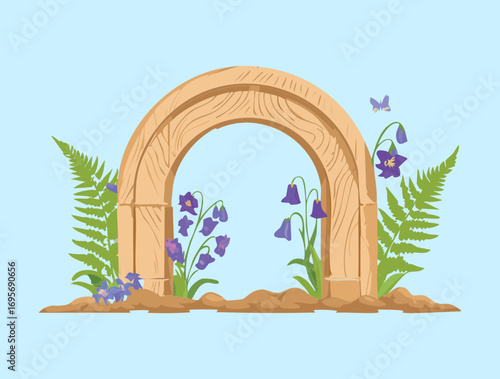 Ornate Wooden Archway with Bluebells and Ferns in a Garden
