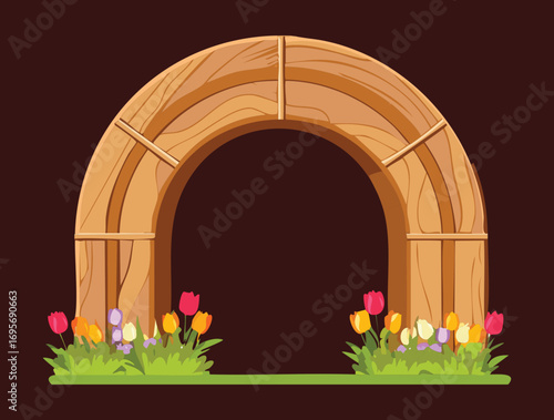 A rustic wooden archway with a peaceful meadow with red tulips and green grass, on a dark night with a mysterious atmosphere - Vector Illustration