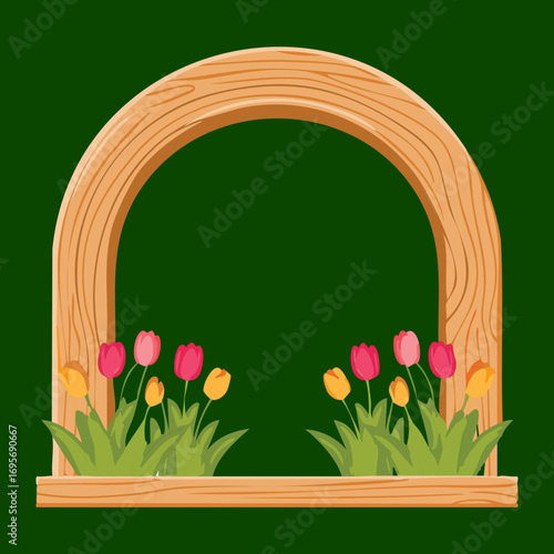 An old wooden archway with a peaceful meadow of red tulips and lush green grass on a bright, sunny day - Vector Illustration