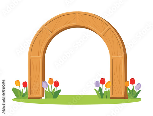 A rustic wooden archway with a peaceful meadow with blooming tulips and lush green grass on a sunny day - Vector Illustration