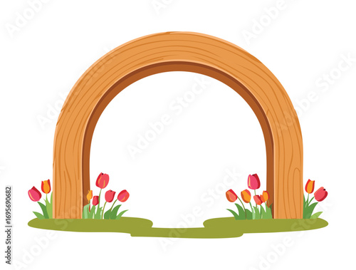 A beautiful wooden archway with a peaceful meadow of blooming tulips and green grass, on a white background - Vector Illustration