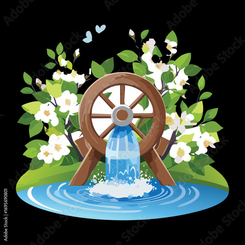 A vintage wooden water mill wheel with lush white flowers in a peaceful forest setting with a serene stream - Vector Illustration