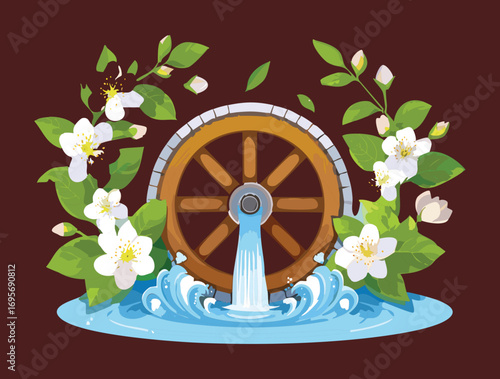 An old wooden water mill wheel with white flowers, a peaceful landscape with a river and small waterfall - Vector Illustration