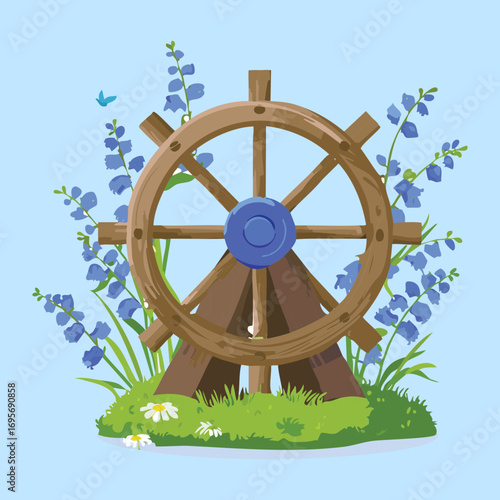 A vintage wooden water mill wheel with beautiful purple lavender flowers, a peaceful and tranquil nature scene - Vector Illustration