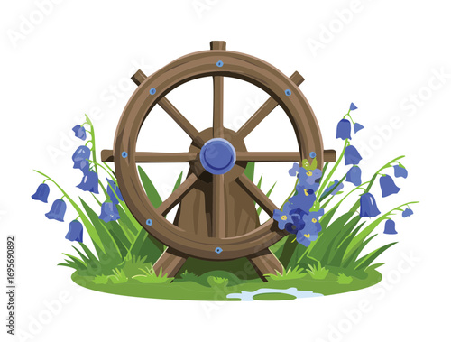 A vintage wooden water mill wheel with colorful flowers and mushrooms, a peaceful scene with a waterfall and river - Vector Illustration