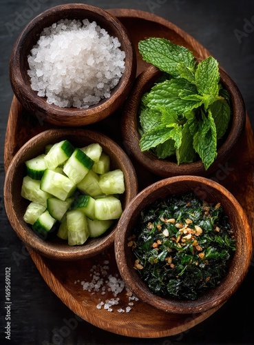 Wooden bowl platter with herbs and vegetables