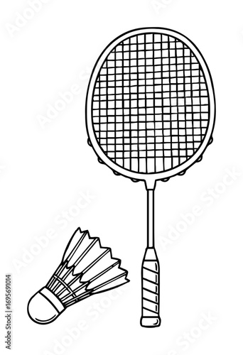 badminton racket and shuttlecock equipment line art vector