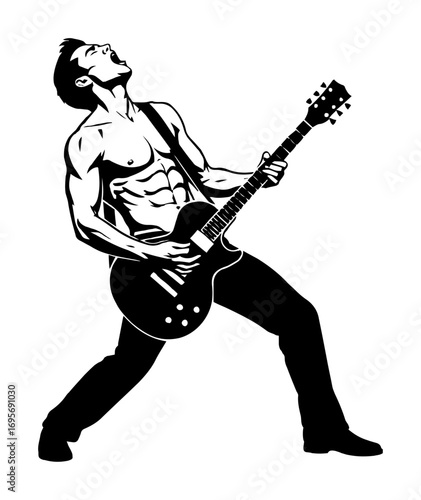 rock guitarist playing electric guitar silhouette line art vector