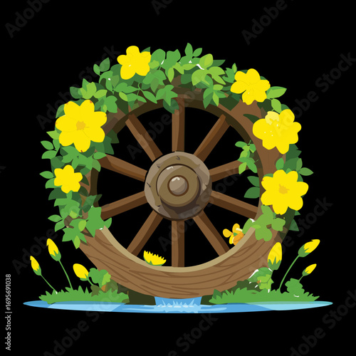 Rustic old wooden mill wheel with yellow flowers in a tranquil forest setting, a calm and peaceful nature scene - Vector Illustration