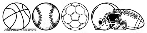 sports balls and football helmet icon set line art vector