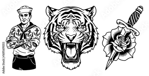 traditional tattoo sailor tiger head dagger rose set line art vector