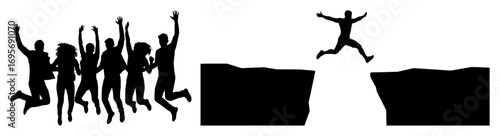 people jumping cheering silhouettes with cliff gap line art vector